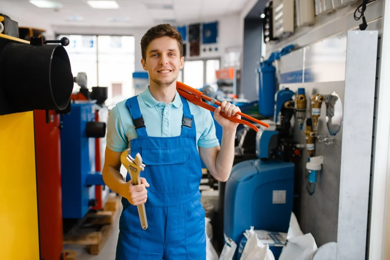 Sobre nós 1 plumber shows pipe wrenches in plumbering store
